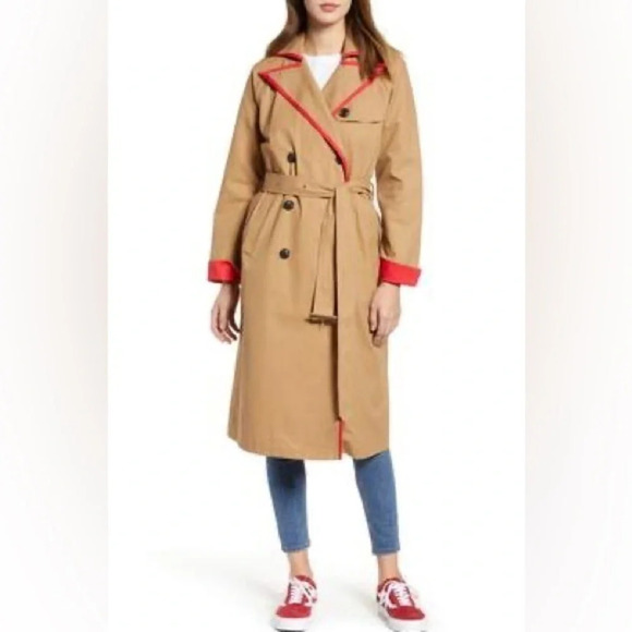 English Factory tan/red trim trench coat size S - Picture 1 of 9